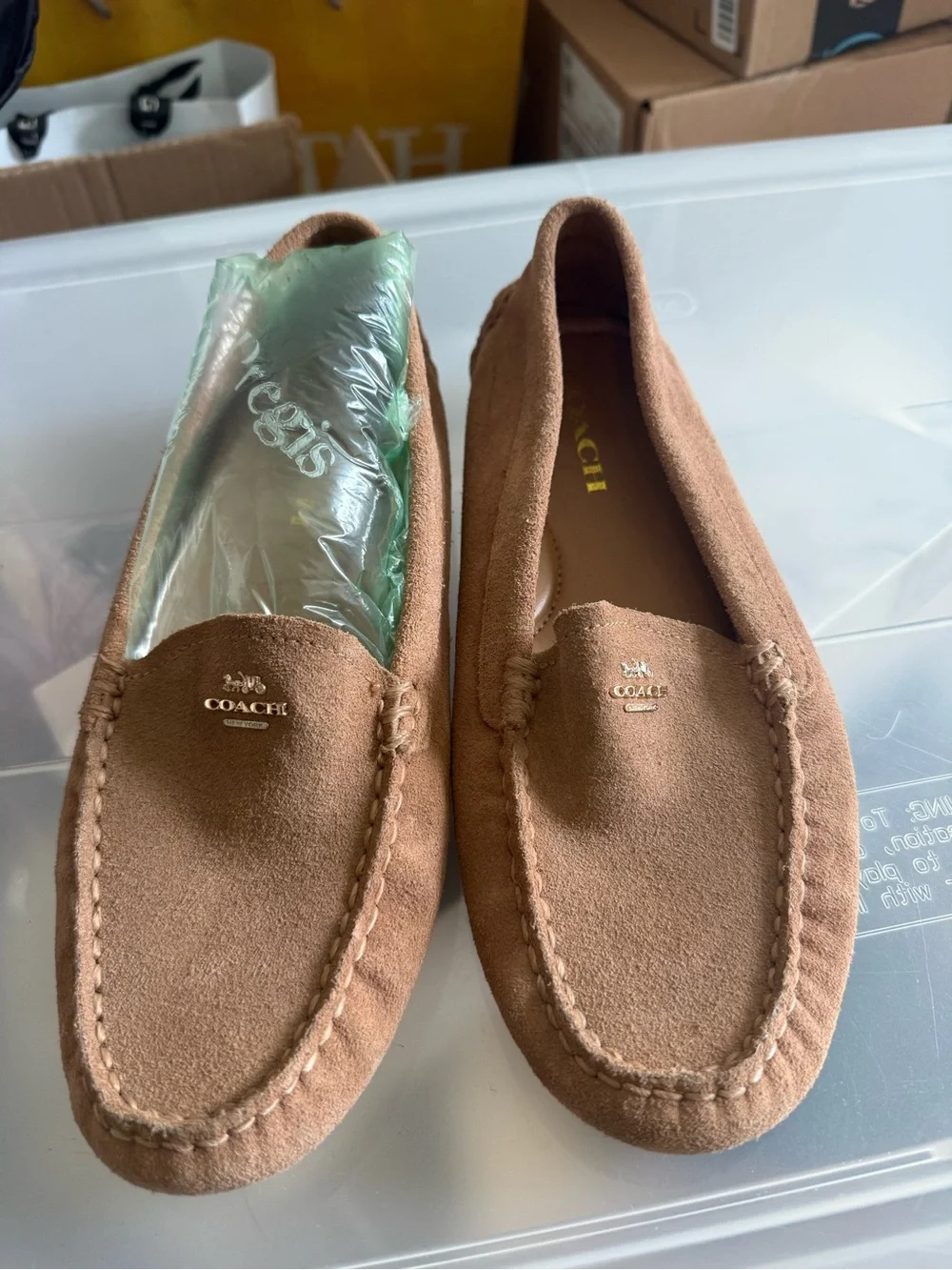 COACH Women's Tan Suede Moccasin Loafers with Gold Logo